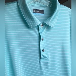 Mens PGATOUR ⛳️baby blue with white Striped collar 3 buttons down shirt.